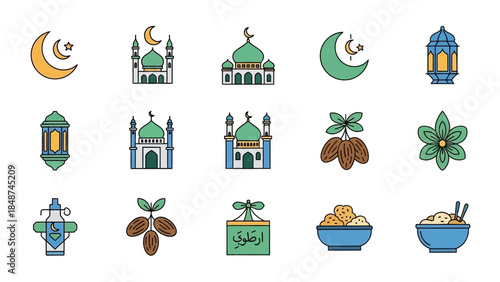 Collection of colorful Ramadan and Islamic culture icons including mosques, lanterns, crescent moons, dates, and traditional food items.