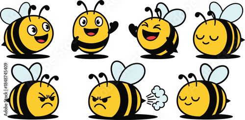 Set of cartoon bees with different emotions isolated on white background happy, sad, angry, and funny bees vector illustration of cute insects