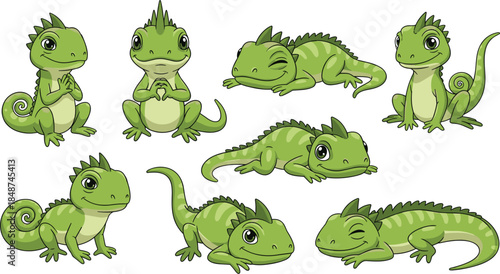 Collection of adorable green chameleon cartoon characters in various poses isolated on white background, perfect for childrens books and educational materials