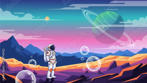 Astronaut exploring a vibrant alien planet with a ringed gas giant in the colorful sky and floating bubbles.