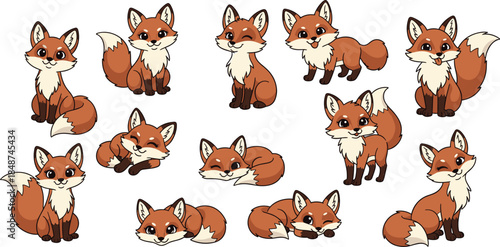 A charming collection of cartoon foxes, each showcasing unique poses and expressions, isolated on white background these adorable creatures bring a touch of whimsy