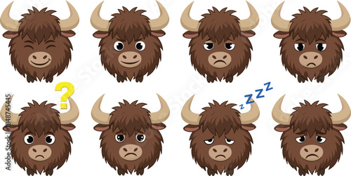 Set of cute yak cartoon character with different facial expressions isolated on white background happy, sad, angry, surprised, sleeping, and confused yak emotions