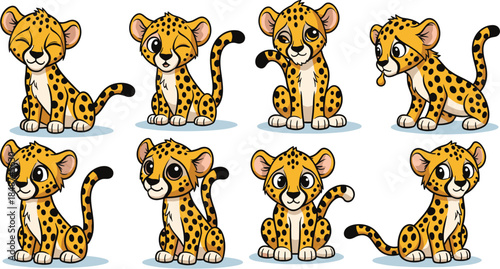 A collection of adorable cheetah cubs in various poses, showcasing their playful nature and charming expressions isolated on white background