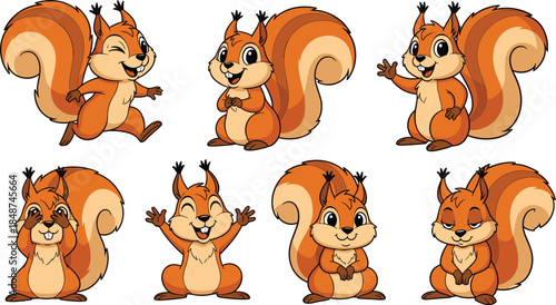 Set of cartoon squirrels isolated on white background cute forest animals with fluffy tails in different poses vector illustration for kids