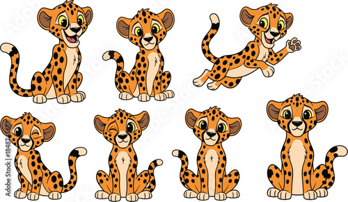 Collection of adorable cheetah cubs in various poses, isolated on white background these playful cartoon characters bring joy and charm to any project