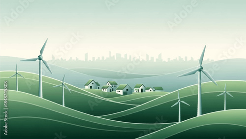 A vibrant cartoon illustration of a sustainable city with green buildings, solar panels, and wind turbines on rolling hills under a sunny sky