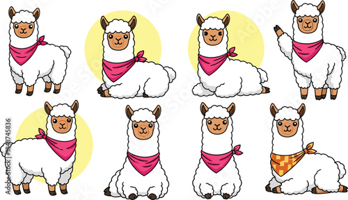 Set of cute cartoon llama or alpaca with pink bandana isolated on white background funny animal character in different poses vector illustration