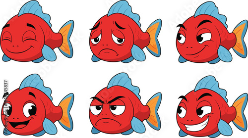 A set of cartoon fish expressing different emotions isolated on white background the fish are red with blue fins, and they are showing happy, sad, angry, and sly faces