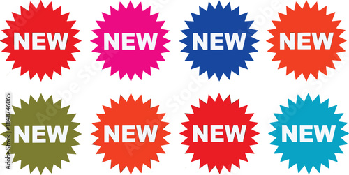 Colorful new product starburst badges set for marketing promotion, sale announcement, retail advertising labels, modern graphic design elements