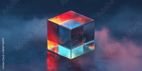 Abstract Pixelated Cube Floating in a Smoky Dark Blue Background with Reflected Light Creating Depth and Visual Interest