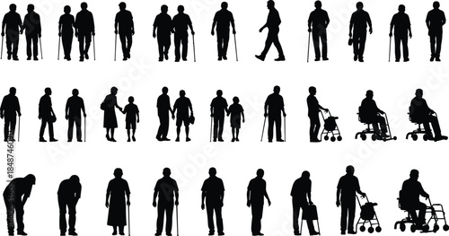Elderly People Silhouettes Collection, Senior Walking Poses, Cane, Walker, Wheelchair Assistance, Aging Population Care, Disability Support, Black Vector Illustration Set