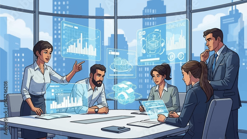 Business professionals in a modern office conducting a meeting with interactive holographic data displays and city skyline views.
