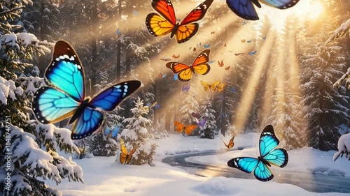 Magical fantasy landscape showing a snowy winter forest filled with colorful tropical butterflies flying in golden sunbeams near a frozen river