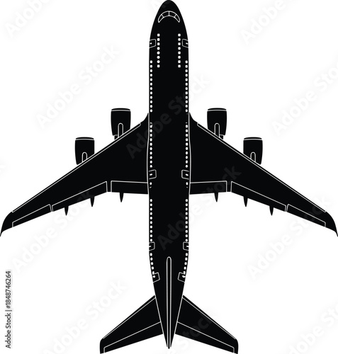 Top view airplane silhouette, commercial jet aircraft, aviation transport concept, modern passenger plane, isolated black aircraft illustration, travel industry design