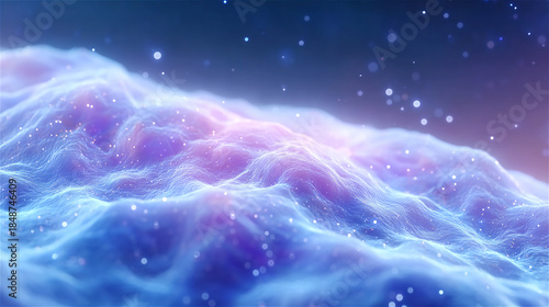 Abstract blue and purple cosmic nebula wave with tiny stars, digital illustration background. Futuristic science mood, space exploration concept, and dreamy wallpaper.