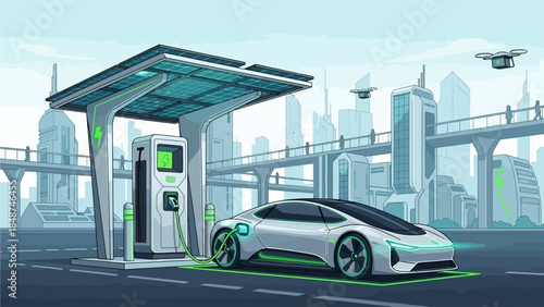 A futuristic electric car charging at a solar-powered station in a modern city with drones flying.