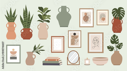 A collection of bohemian and minimalist home decor items including potted plants, abstract framed art, vases, and books.