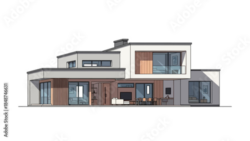Modern architectural rendering of a contemporary two-story house with large windows and a flat roof design.