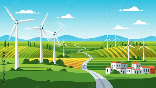 A picturesque rural landscape featuring numerous wind turbines generating clean energy amidst rolling green hills, cultivated fields, a winding road, and a small village under a clear blue sky.