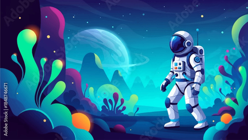 An astronaut explores a vibrant alien planet with glowing flora and a ringed planet in the background.