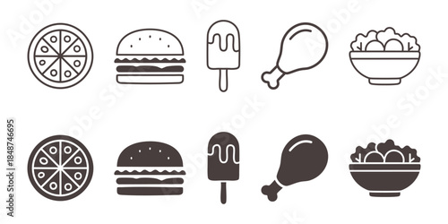 Set of fast food icon with pizza, burger, ice popsicle stick, salad and fried chicken