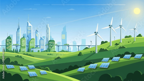 A vibrant cartoon illustration of a sustainable city with green buildings, solar panels, and wind turbines on rolling hills under a sunny sky.