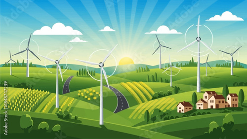 Vibrant landscape with wind turbines generating clean energy amidst green fields and a sunny sky.