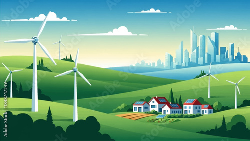 A vibrant landscape showing wind turbines on green hills with houses and a modern city skyline in the background, representing sustainable energy and urban development.
