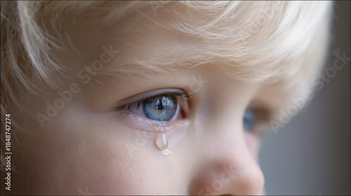 Close-Up of Crying Child with Tear Rolling Down Cheek.