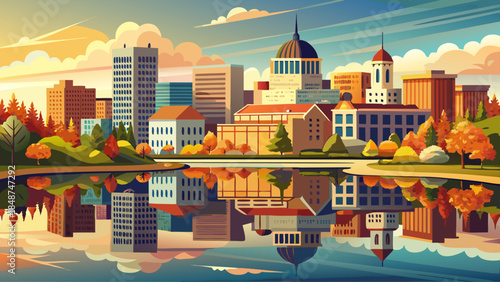 Very beautiful late summer reflection of downtown Wausau, Wisconsin mirrored in the Wisconsin River, featuring calm water, urban skyline, soft light, and balanced city-nature harmony.