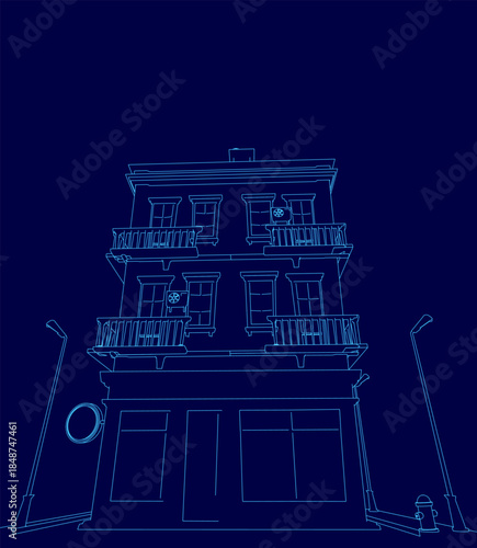 Low poly house contour drawing in blue features distinct windows, railings, and a light pole against a dark blue background.