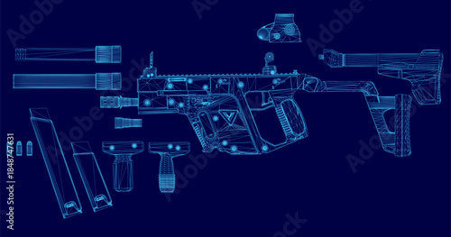 A disassembled machine gun blueprint on a blue background reveals its internal wireframe components and mechanical parts.