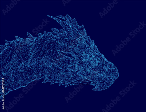 A low polygonal blue dragon head with a wireframe design of intricate lines and shapes on a dark blue background.
