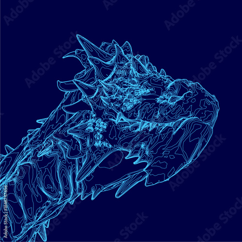 A fierce blue dragon head with intricate scales and sharp teeth contrasts against a dark blue background. Its open mouth reveals a long snout and menacing expression.