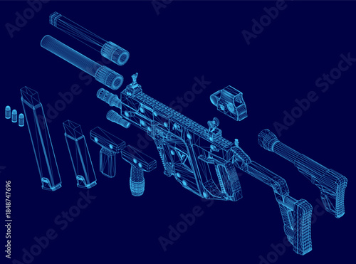 A disassembled machine gun blueprint on a blue background reveals its internal wireframe components and mechanical parts in detail.