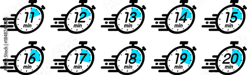 スピード感のある時間を示す時間管理のアイコン（stopwatch icon　11min/12min/13min/14min/15min/16min/17min/18min/19min/20min）
