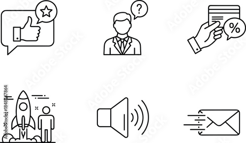 Business communication and marketing line icons set for feedback, support, promotion, messaging, startup growth, and finance concepts