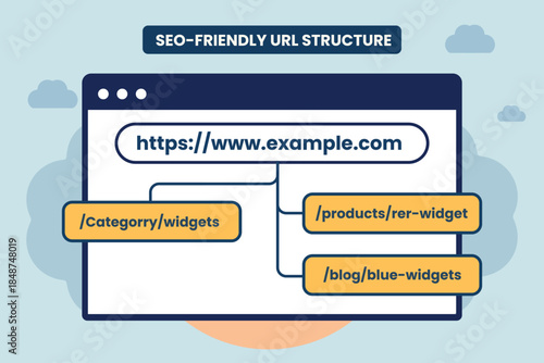 Technical SEO concept illustrating a logical site architecture with an SEO-friendly URL structure