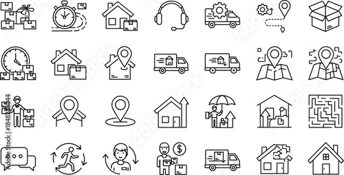 Logistics and delivery line icon set for shipping, tracking, warehouse, courier service, location mapping, and supply chain