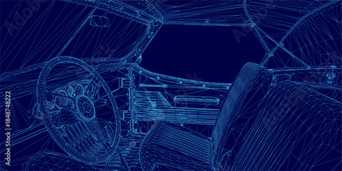 A retro sport car wireframe blueprint with a detailed steering wheel interior floats on a solid blue background. The technical drawing uses lines and shapes to create a dynamic three-dimensional.