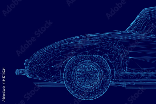 A retro sport car wireframe model with a realistic 3D mesh is displayed on a solid blue background.