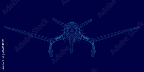 A retro wireframe blueprint of a UAV aircraft, presented as a 3D model on a solid blue background.