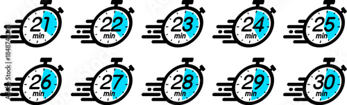 スピード感のある時間を示す時間管理のアイコン（stopwatch icon　21min/22min/23min/24min/25min/26min/27min/28min/29min/30min）
