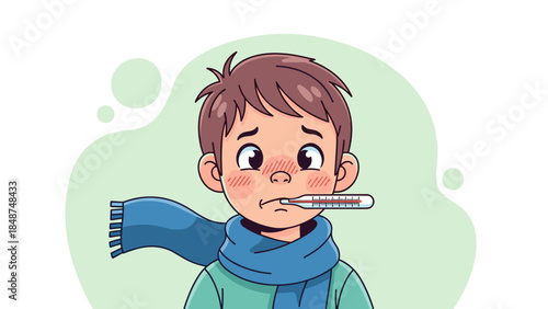 Child with flu symptoms holding thermometer and wearing scarf on a light background
