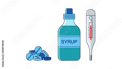 Cold and flu medicine illustration with syrup, thermometer, and tablets on a white background