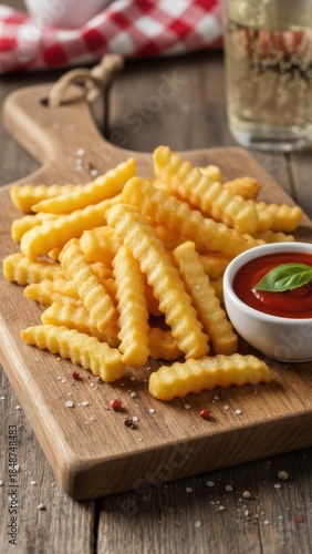 Crinkle Cut Fries with Ketchup on Wooden Board. Ai generation