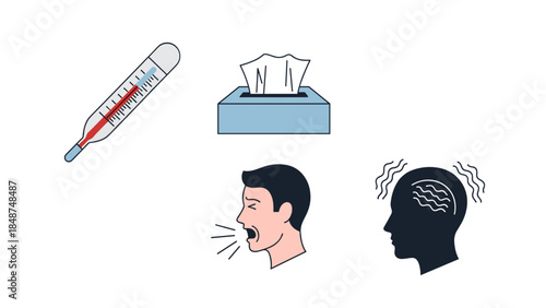 Flu symptoms icons set with thermometer, tissues, coughing man, and headache silhouette on white background