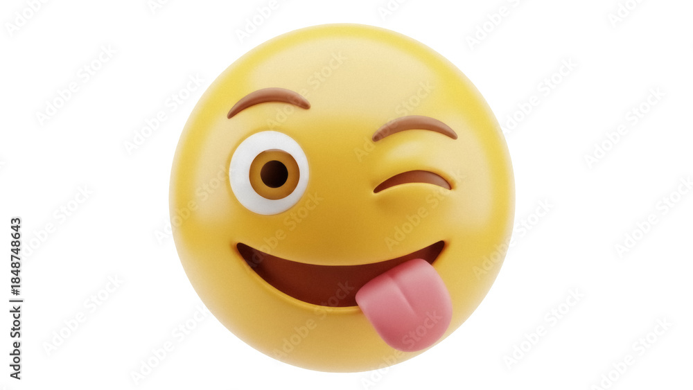 Fototapeta premium Yellow winking emoji with tongue out isolated PNG, playful emoticon with funny expression for social media and messaging apps