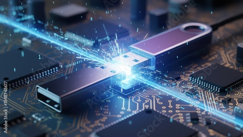 Glowing USB Drive on Circuit Board. Ai generation