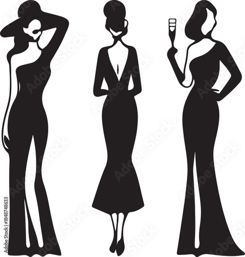 Elegant silhouettes of three women in sophisticated black evening gowns and formal attire for a chic event